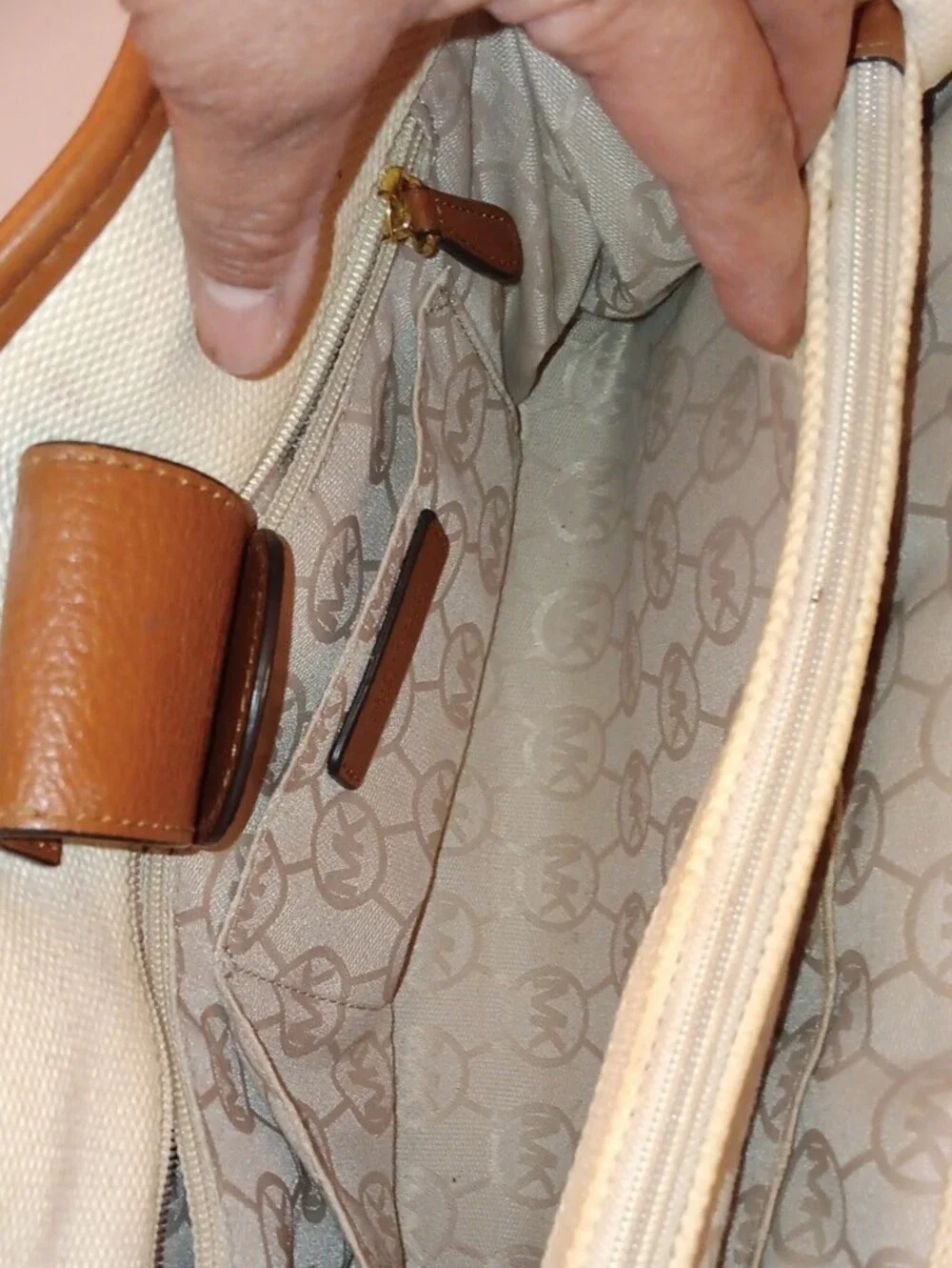 Michael Kors Preloved Canvas Satchel with Pink Center Stripe and Brown Trim